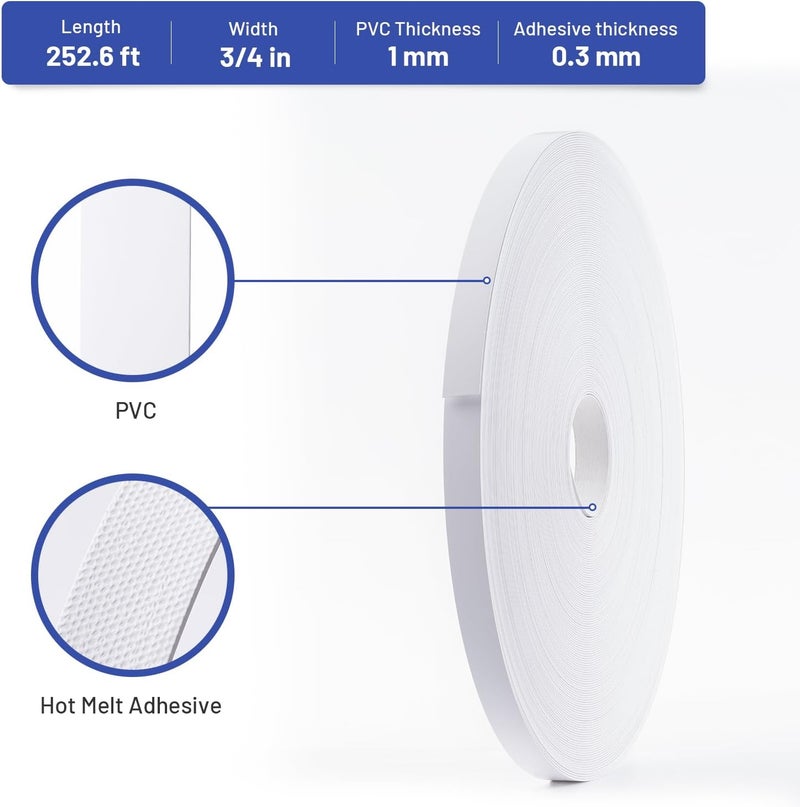 FAKILO PVC Edge Banding 3/4 inch x 250 ft Veneer Edge Banding White with Hot Melt Adhesive Pre - glued Iron on Edging Tape Trim for Cabinet Plywood Repairs and Furniture Restoration - Image 2
